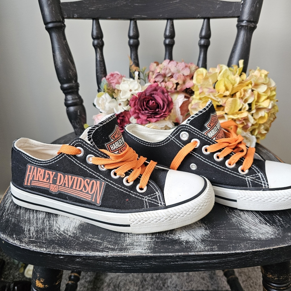Harley-Davidson Style Black and Orange Sneakers